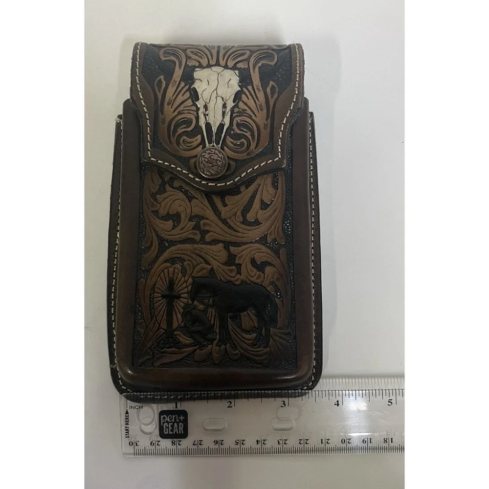 Western Cowhide Leather Western Belt Phone Holder Horse Cowboy And Cross